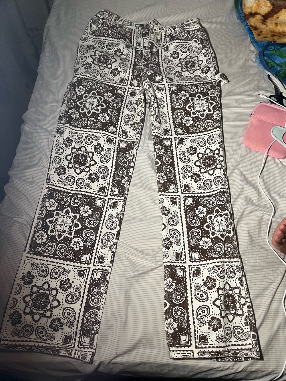 PacSun Brown and White Straight Leg Bandana Print Jeans